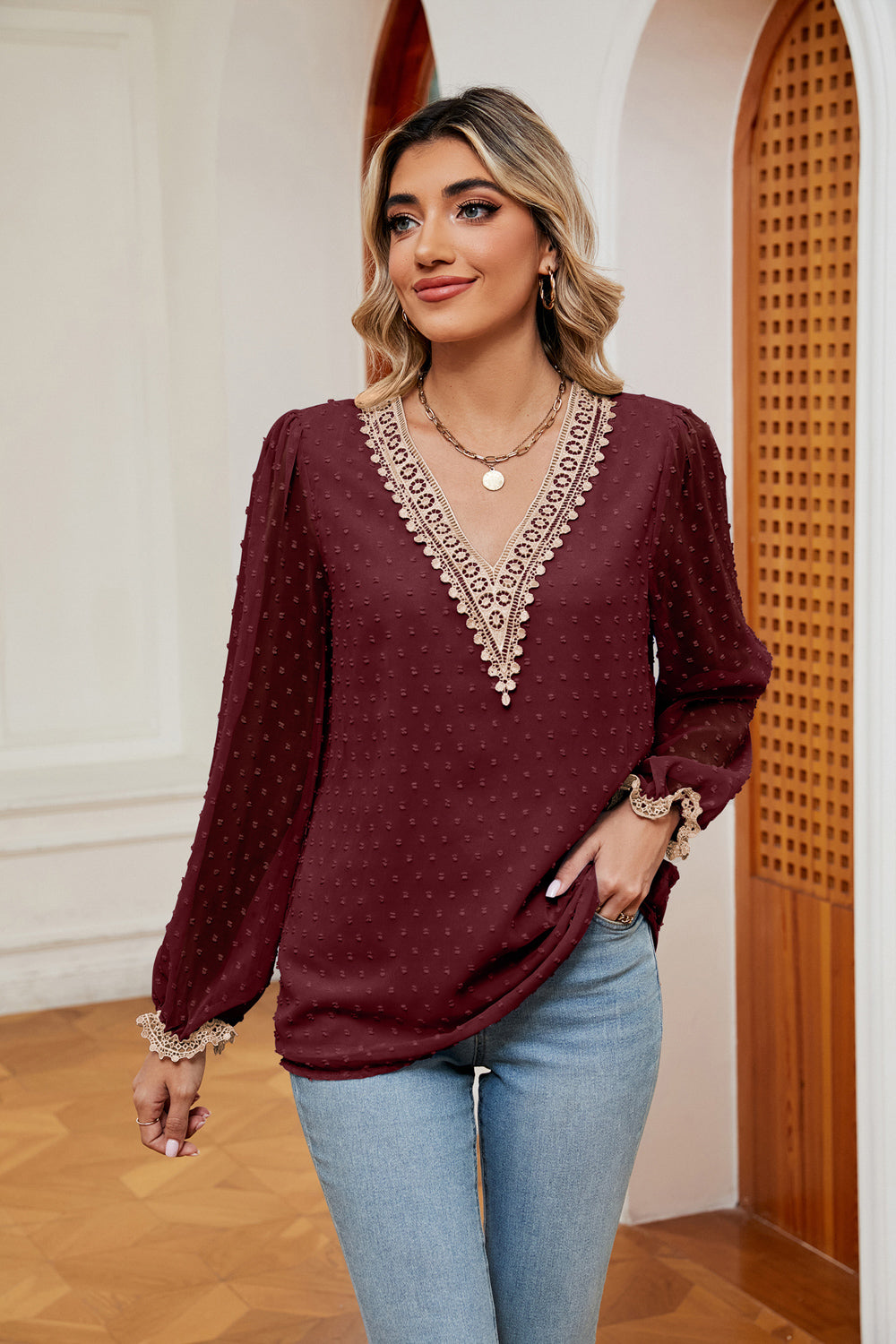 Wine Swiss-dot V-neck blouse with contrast trim, long sleeves