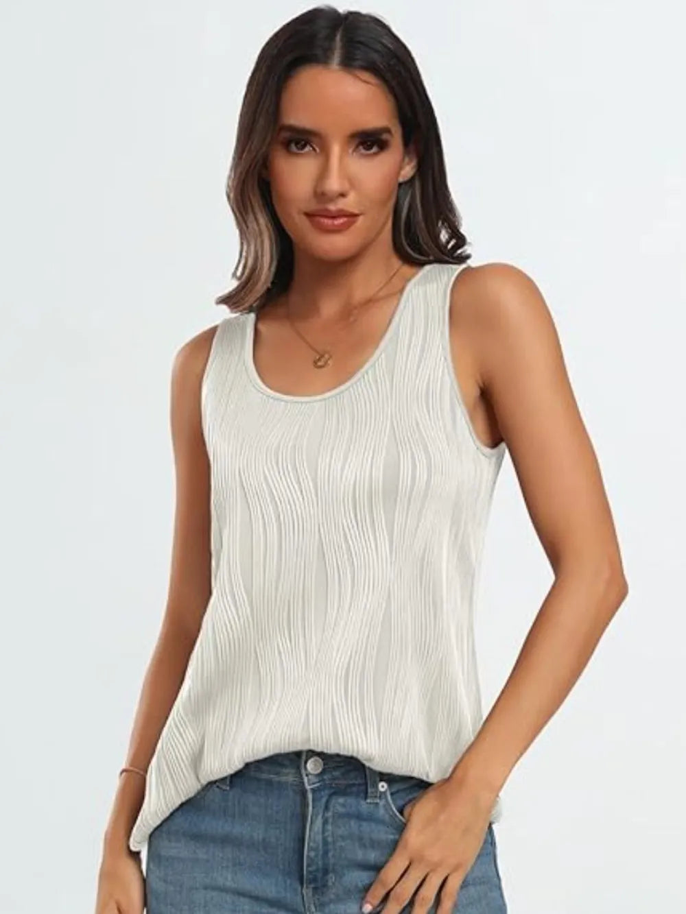 White wide-strap tank top with round neckline and vertical ribbed pattern
