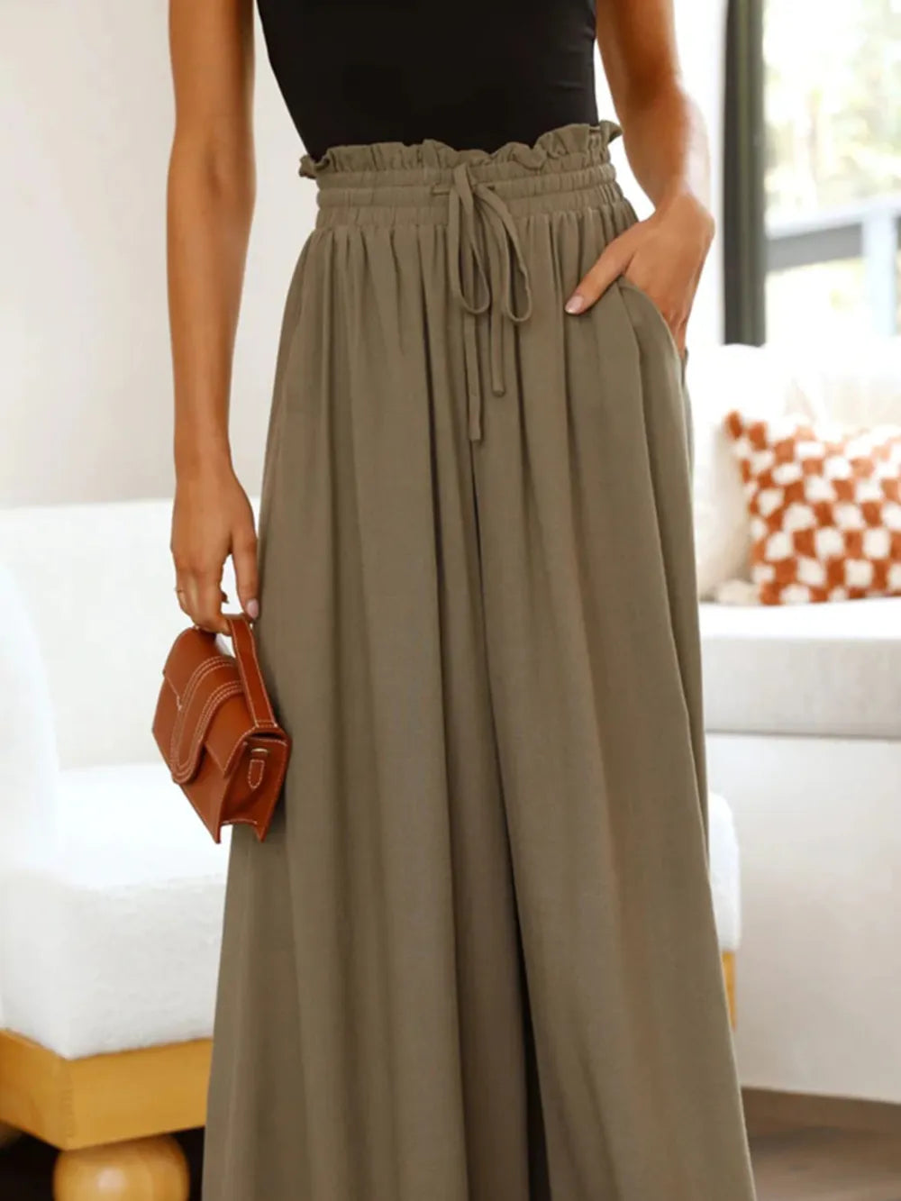 Dove-taupe wide-leg pants with elastic drawstring waist and side pockets