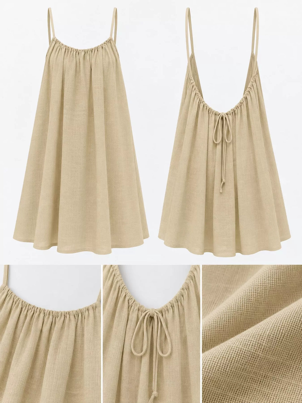 Backless spaghetti strap ruched mini dress in light khaki, gathered waist and tie-back
