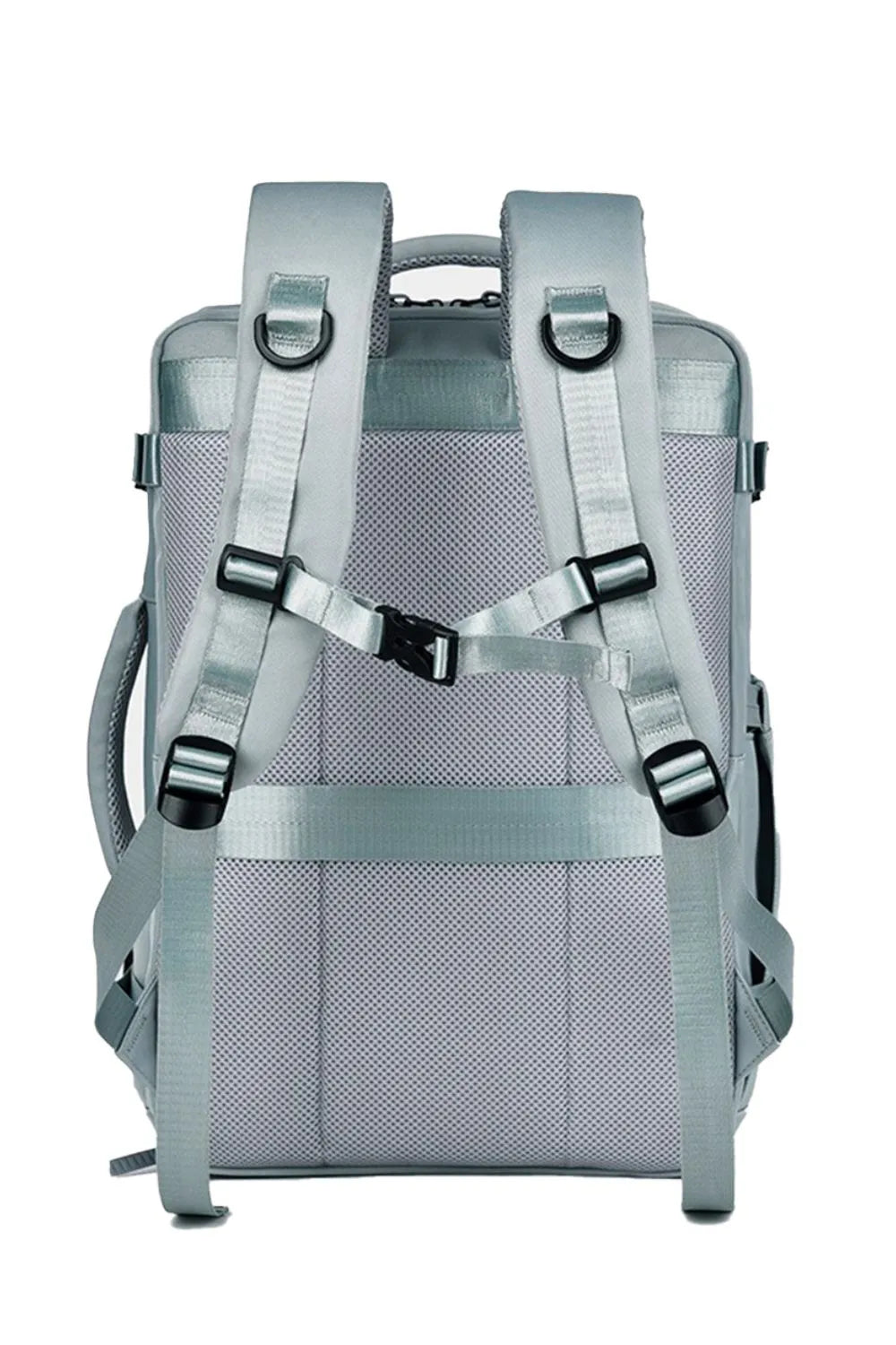 Light gray backpack with padded adjustable shoulder straps and front utility pocket