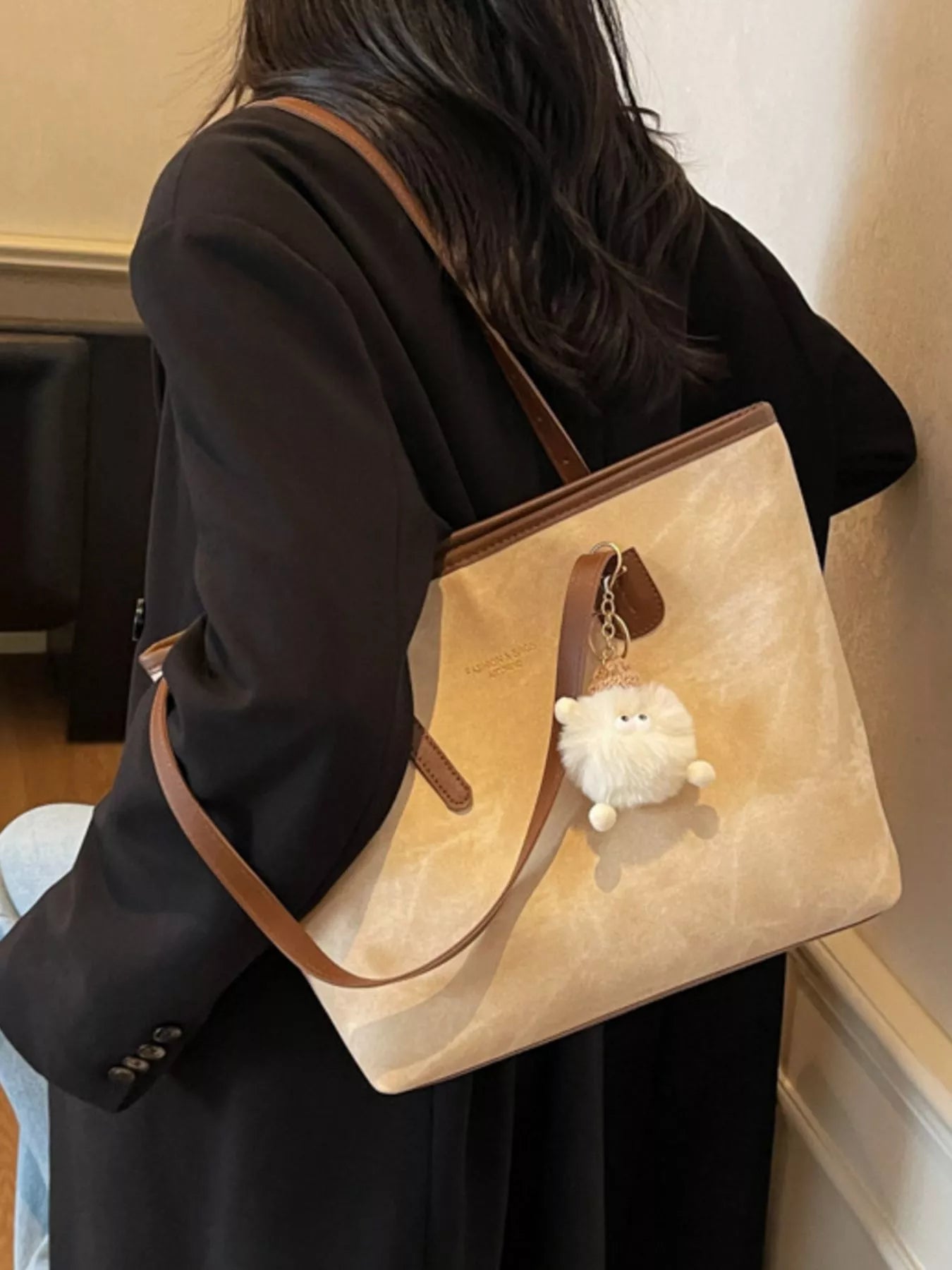 Shoulder bag with plush charm by Trendsi, beige PU, brown strap, medium size