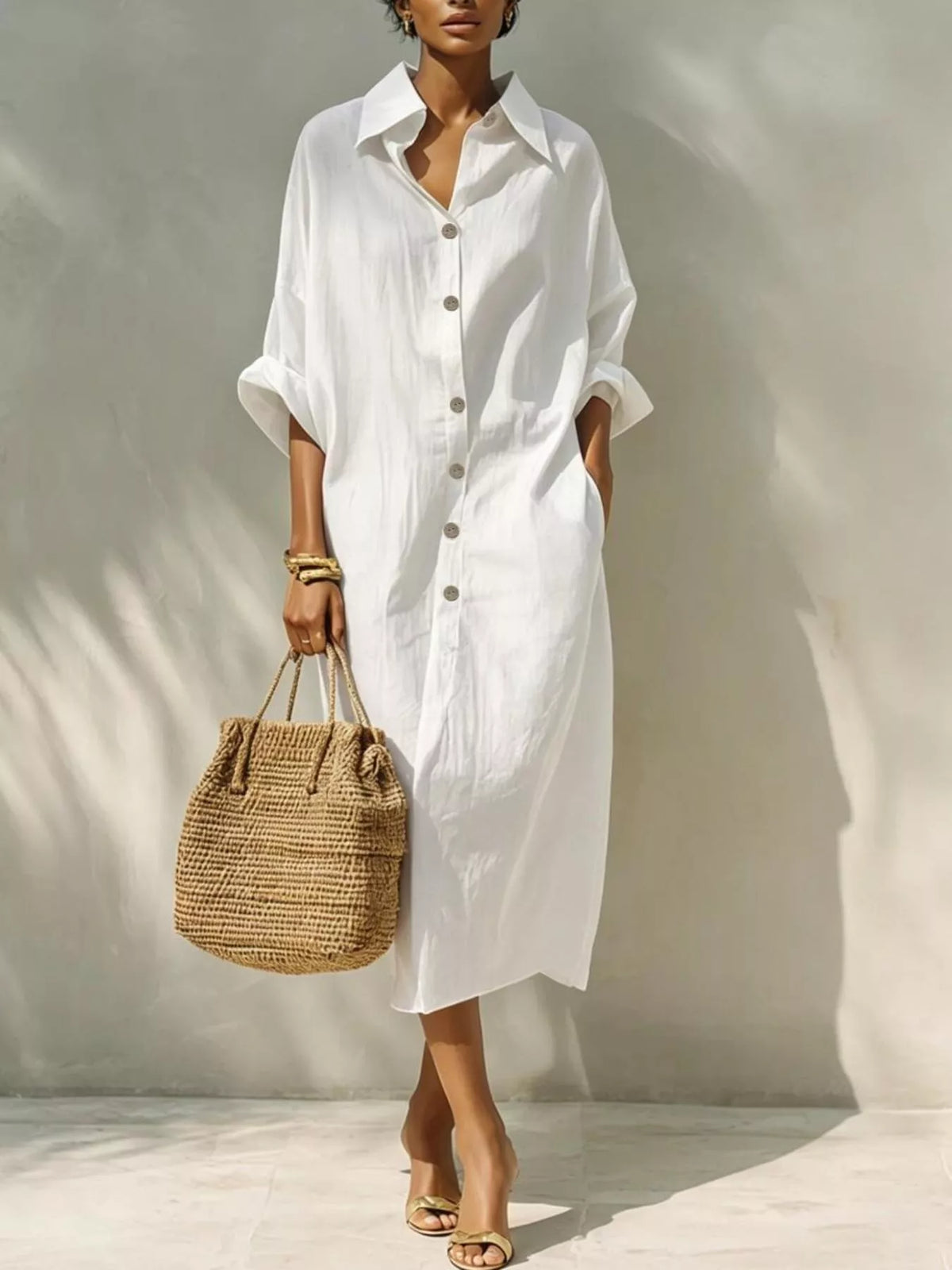 White button-front shirt dress with short sleeves and collared neckline