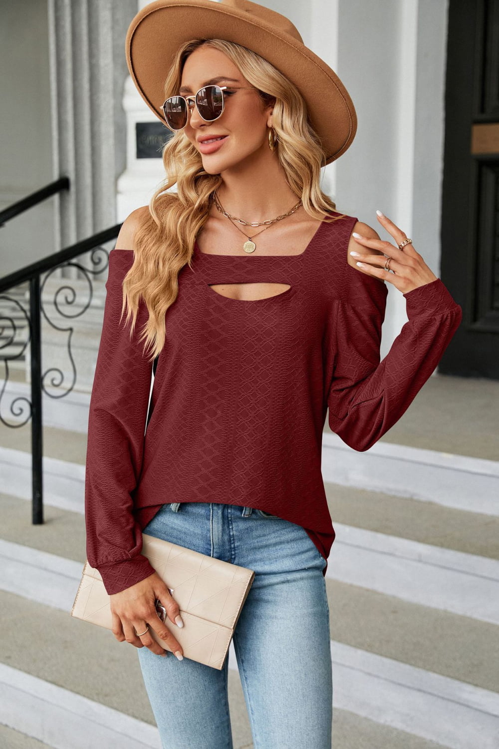 Burgundy off-shoulder square-neck cutout blouse with long sleeves