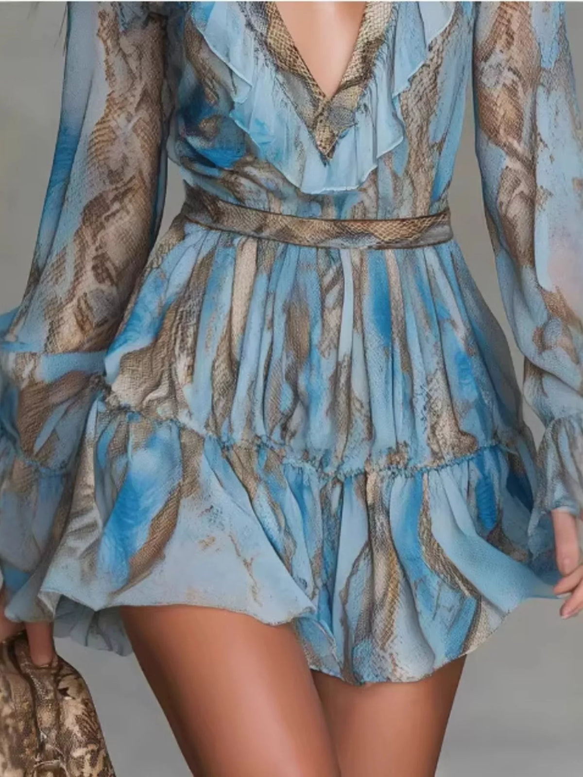 Pastel blue boho V-neck ruffled mini dress close-up of tiered skirt and belt