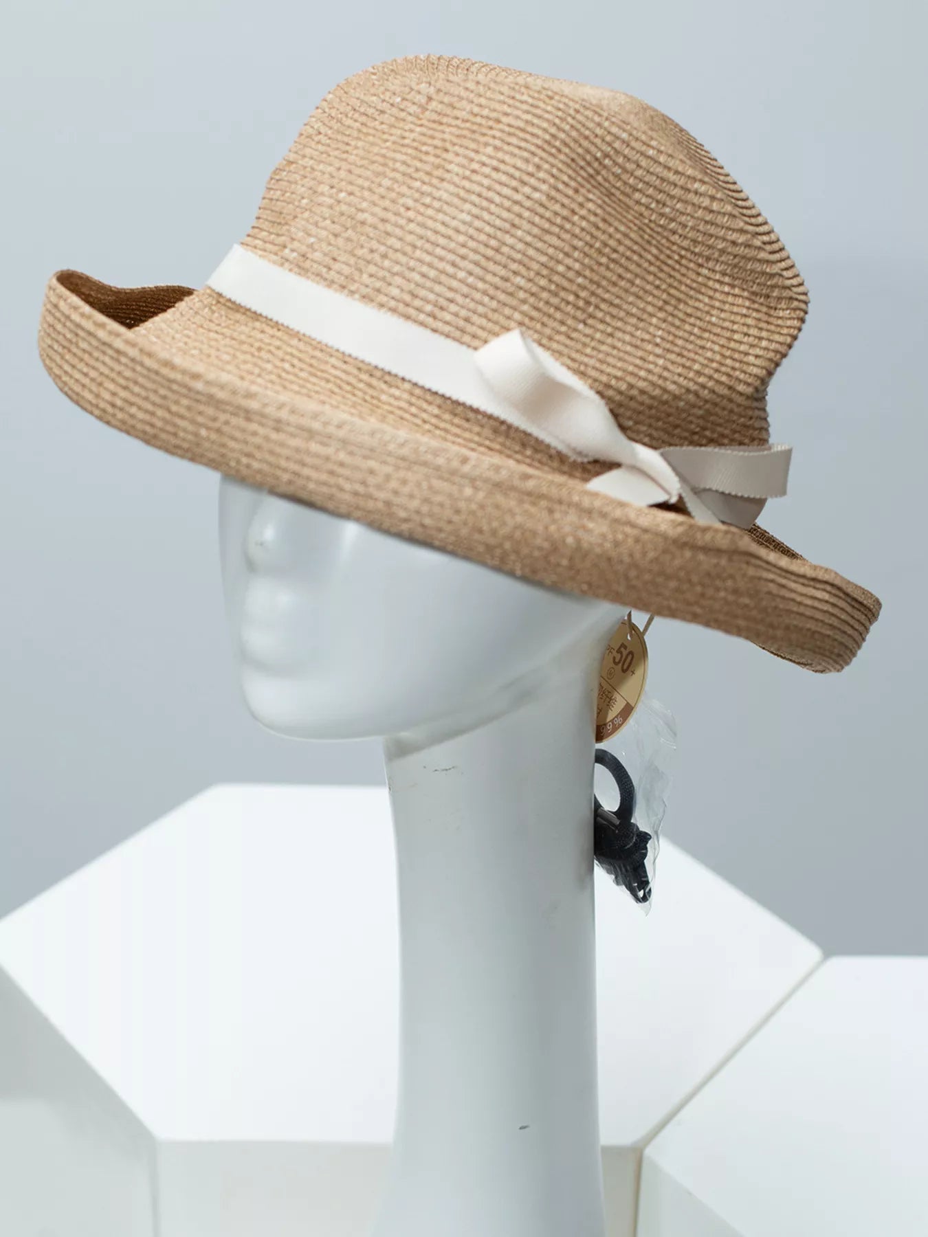 Cedar & Moore Ribbon Straw Hat, beige straw with white ribbon band, Trendsi.