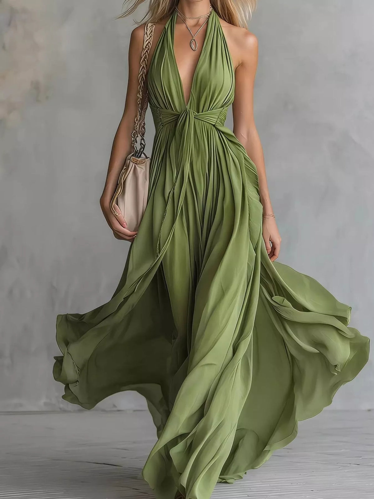 Green crisscross back ruched halter stretch maxi dress with gathered waist and layered skirt