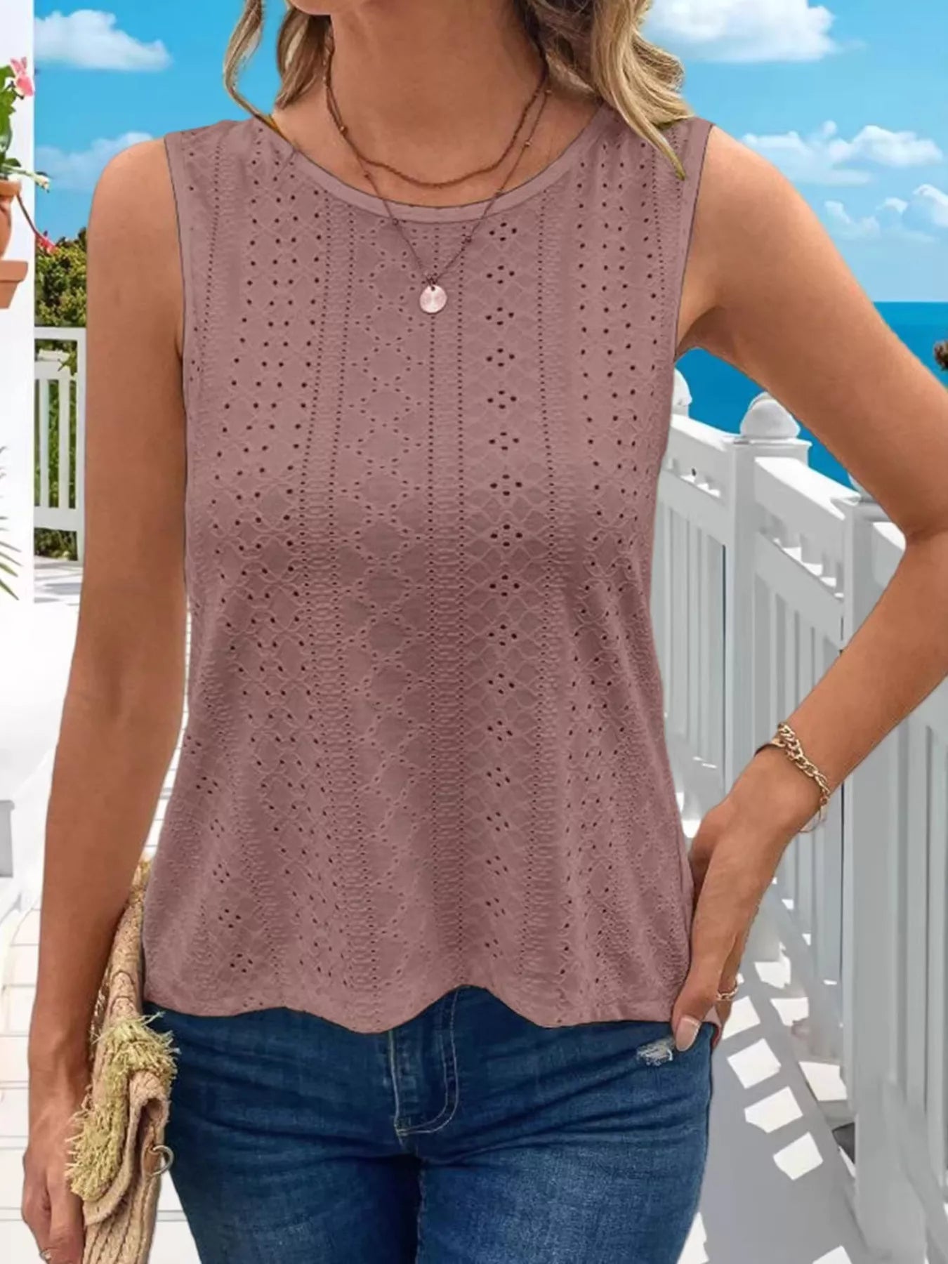 Dusty mauve hollow-out knit tank top with scoop neckline and perforated dot pattern