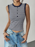 Navy and white striped round-neck sleeveless tank top with button placket