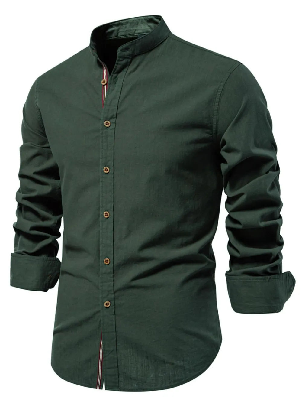 Men's button-down shirt in dark green with long sleeves and button front