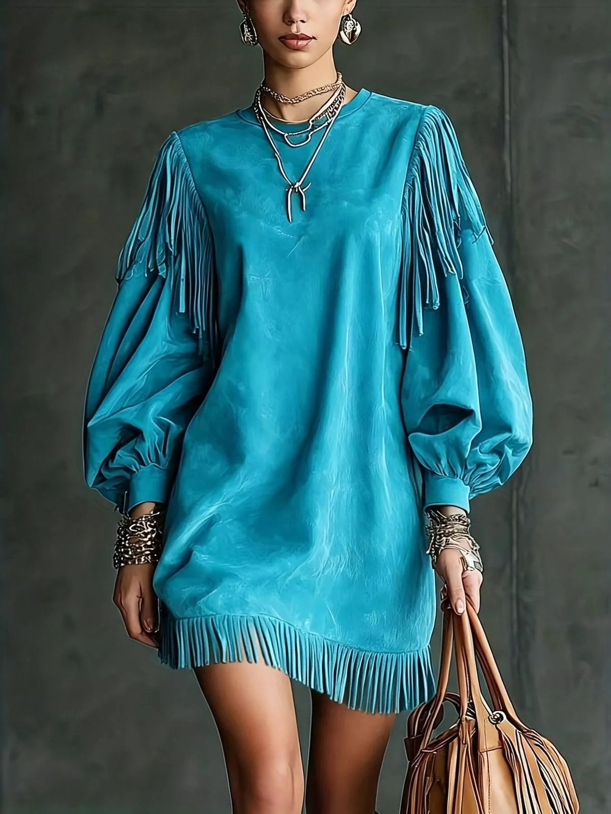 Teal mini dress with lantern sleeves and fringe hem, v-neck with tie detail