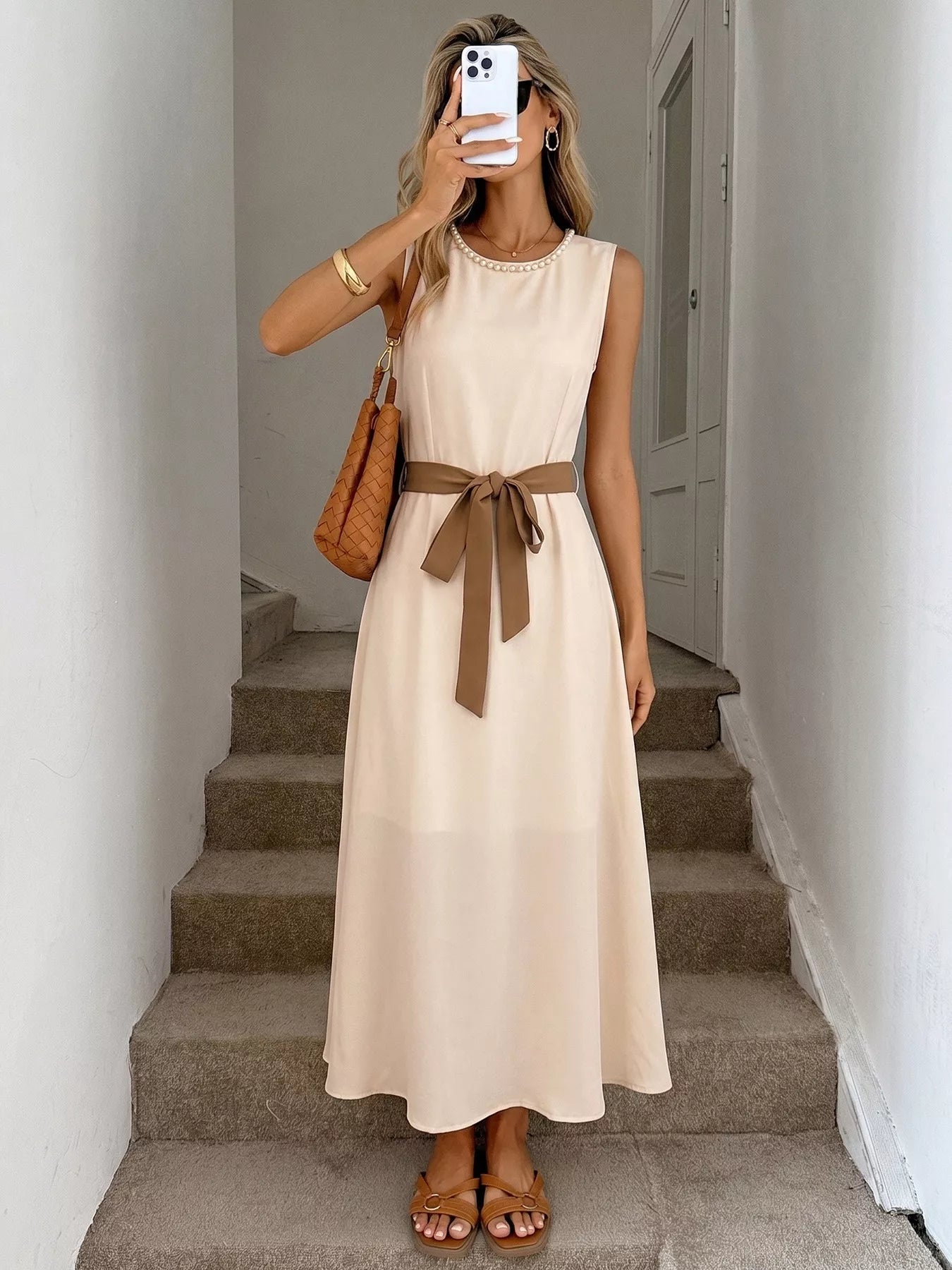 Cedar & Moore Sleeveless A-Line Midi Dress in cream with brown belt and pearl neckline