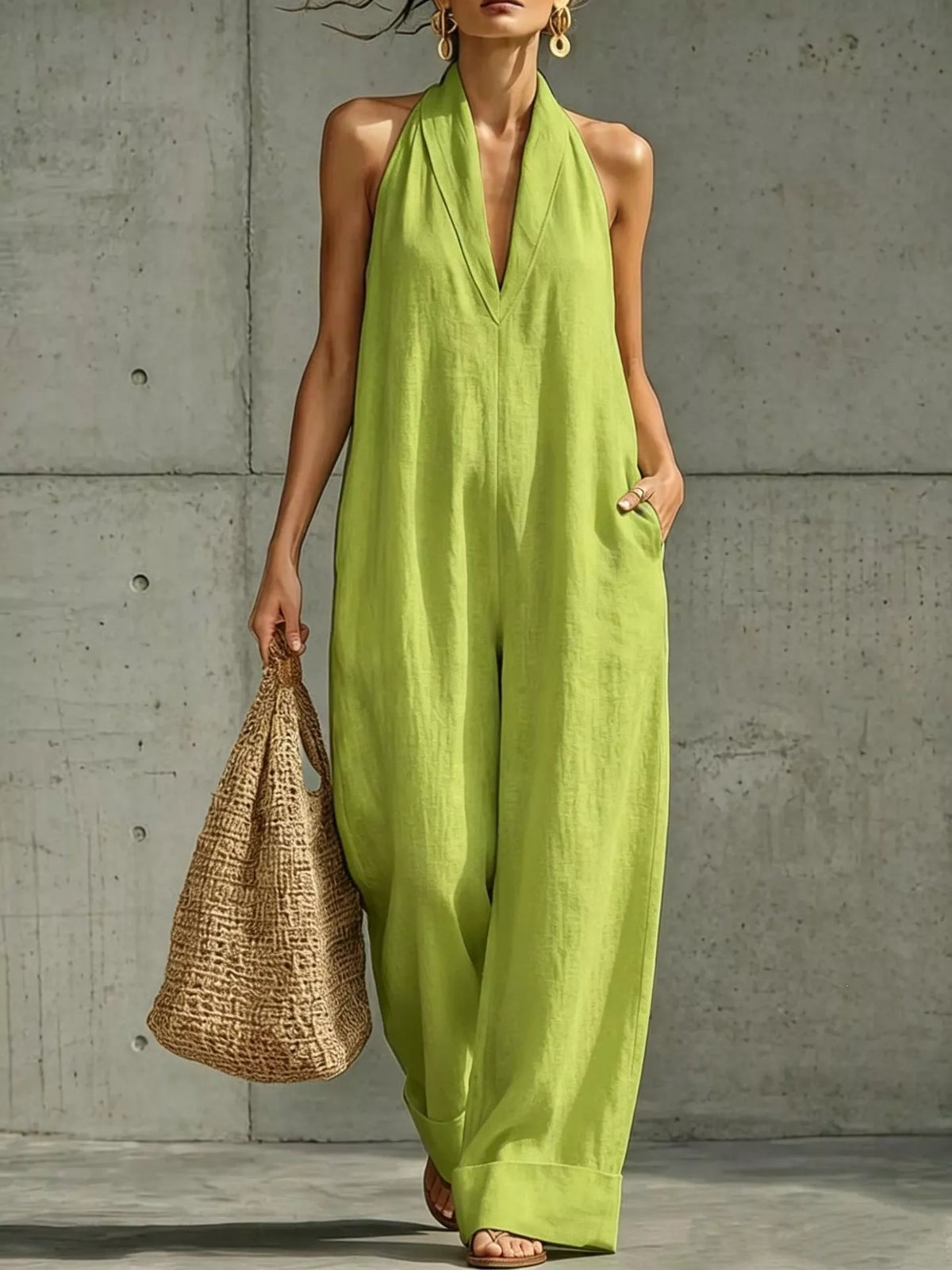 Lime green halter-neck wide-leg jumpsuit with deep V front, sleeveless halter and loose wide legs.