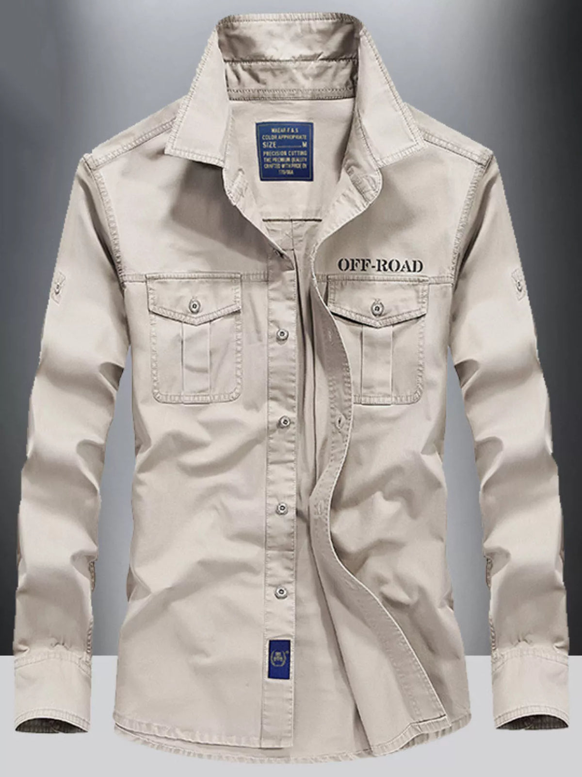 Men's light cream long-sleeve button-up shirt with two chest pockets and button front