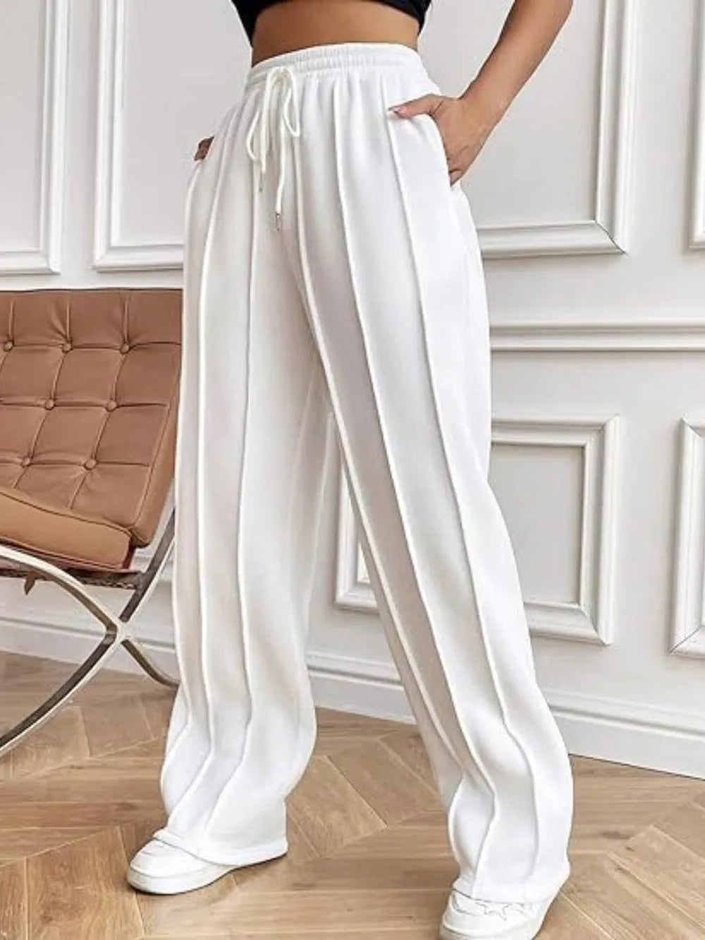 White wide-leg drawstring pants with pockets, back view