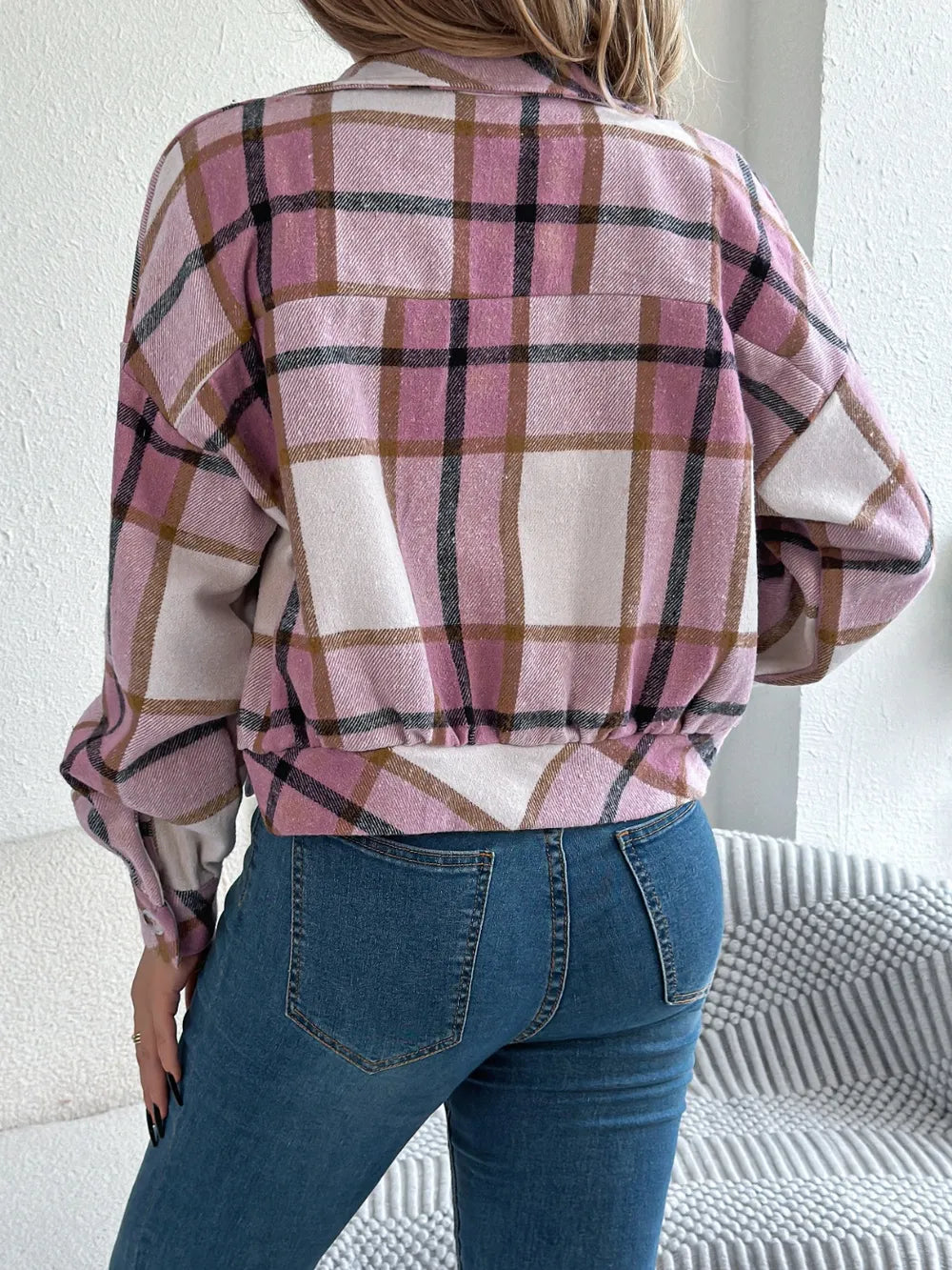 Back view of lilac plaid button-up long sleeve jacket with buttoned collar