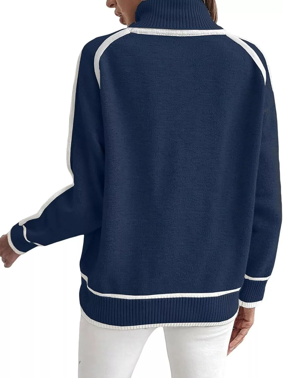 Navy turtleneck sweater with contrast ribbed hem, cuffs, and long sleeves