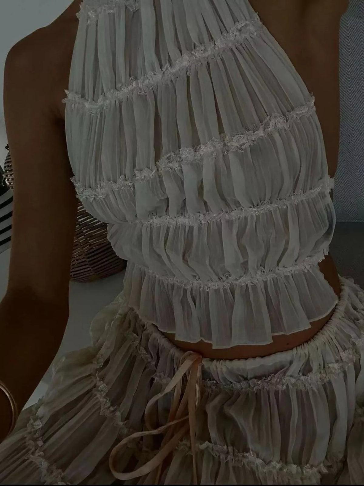 Milky white halter ruffle crop top with layered maxi skirt set