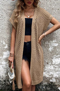 Khaki openwork open-front short sleeve cardigan with long draped front