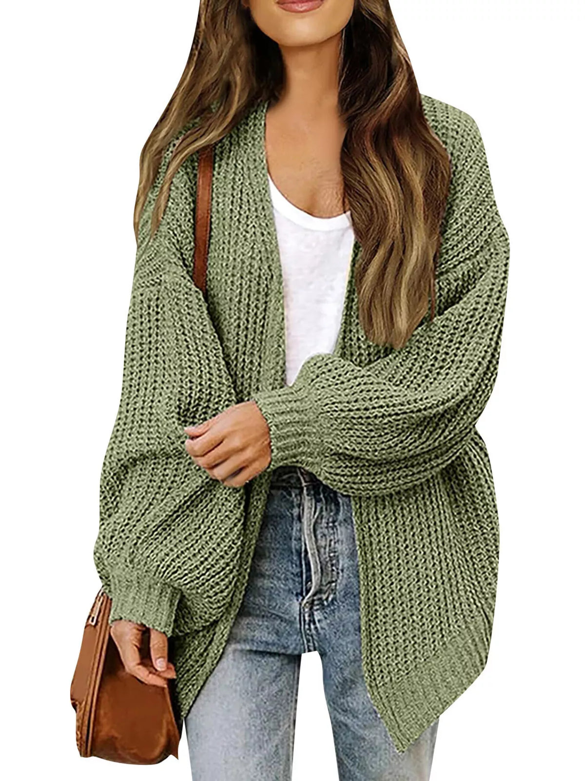 Waffle knit open-front chunky cardigan, olive green, chunky waffle knit