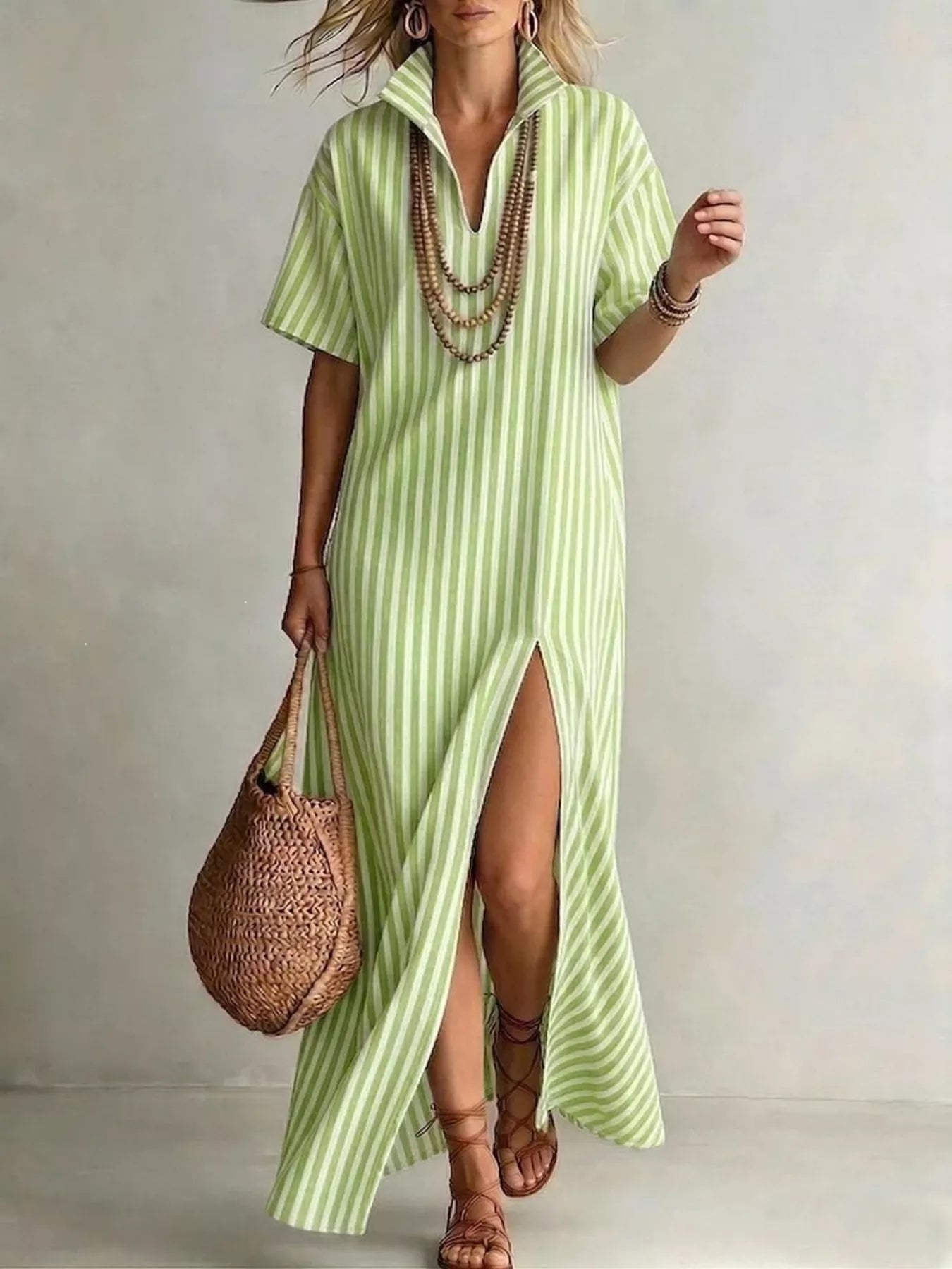 Green striped maxi dress with side slit, short sleeves and V-neck