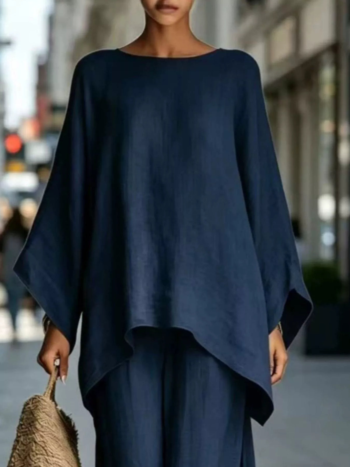 Navy batwing tunic top and wide-leg pants set