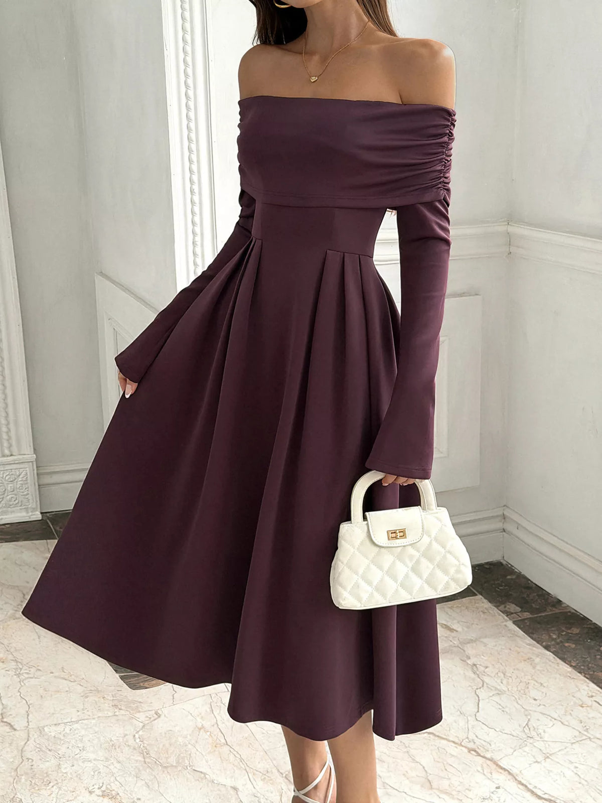 Burgundy off-shoulder ruched midi dress with long sleeves and pleated full skirt
