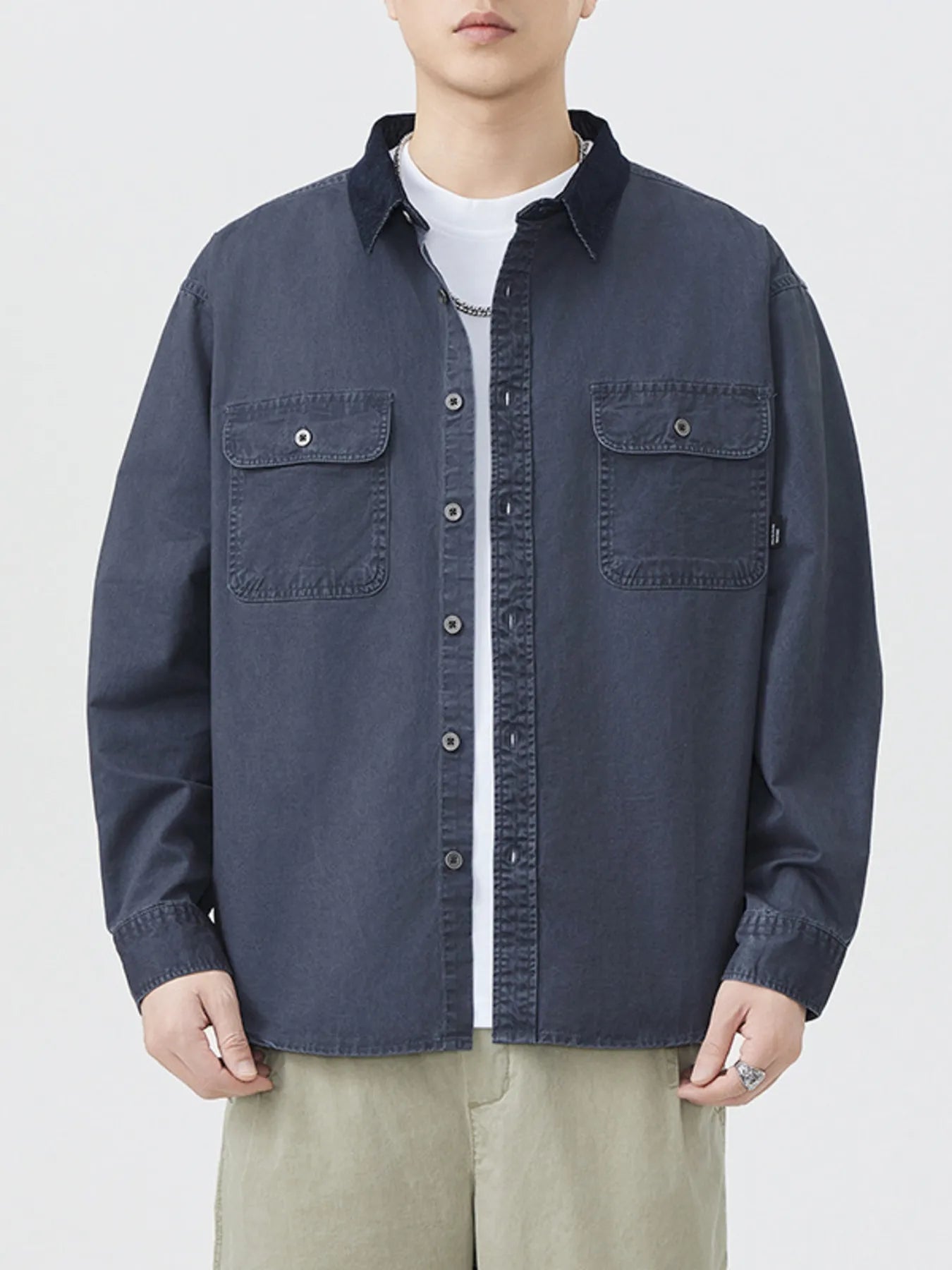 Dark gray men’s plus size button-up long sleeve shirt with chest pockets
