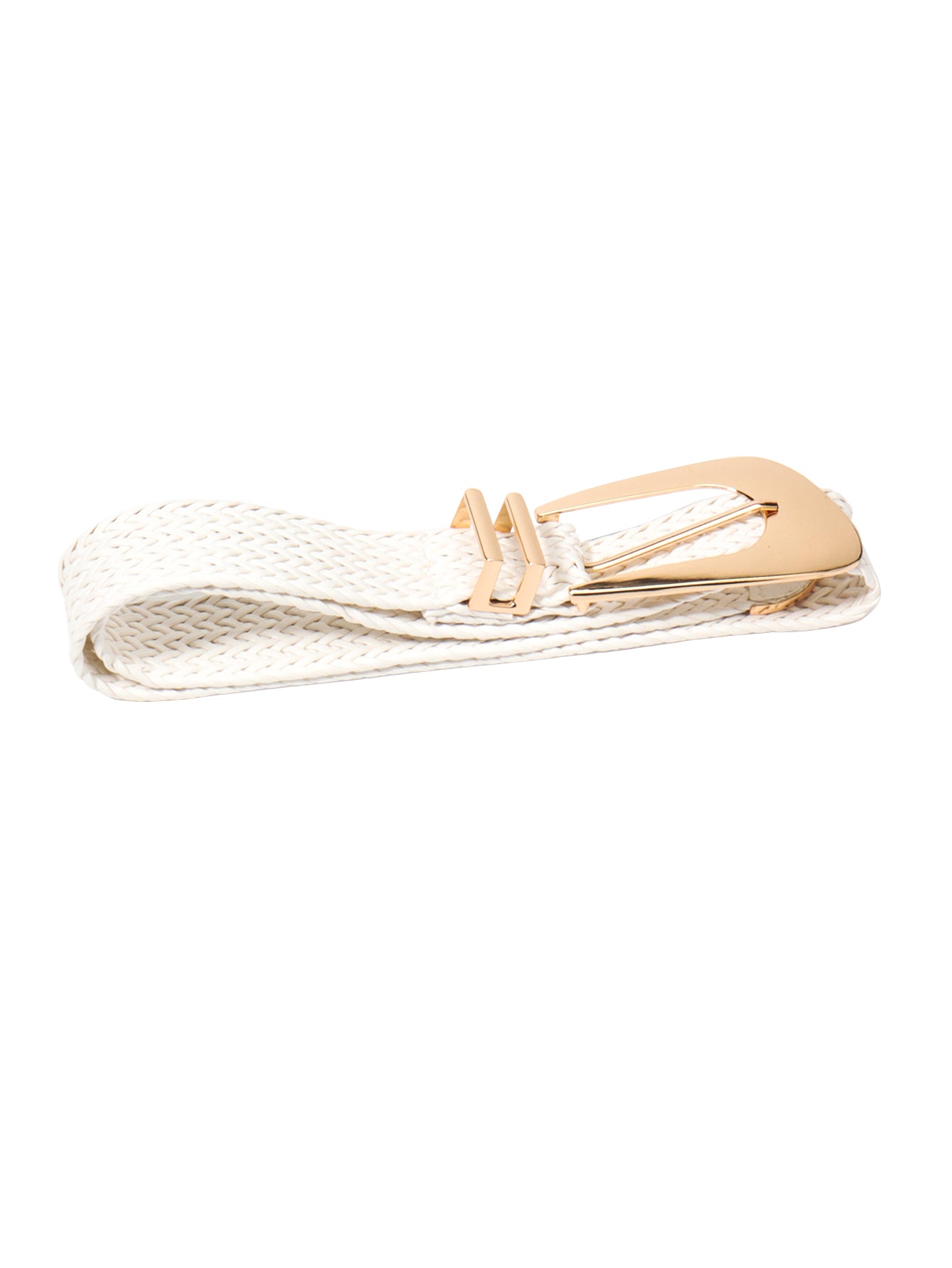 White braided belt with irregular gold-tone buckle and clasp hardware