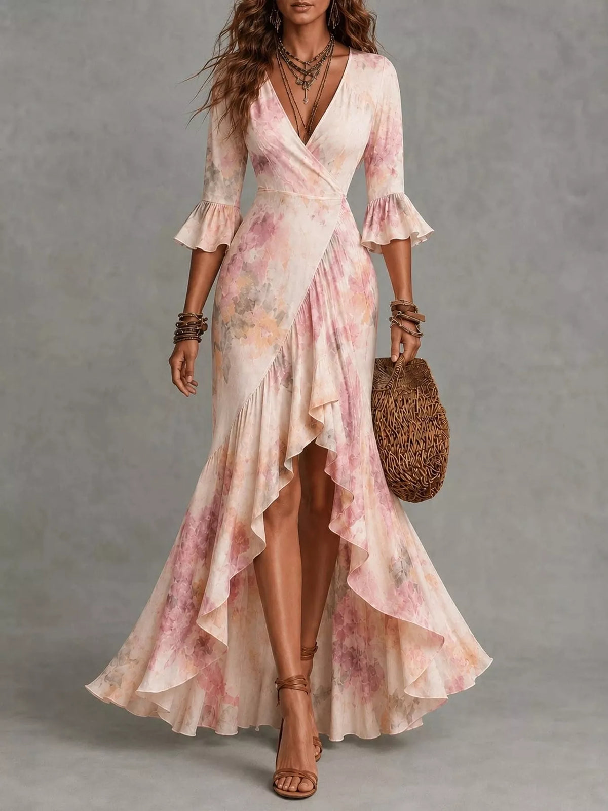 Dusty pink floral wrap dress with V-neck and flared ruffle sleeves