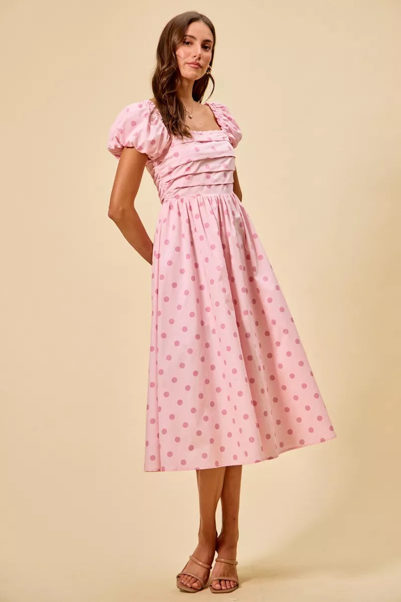 Cedar & Moore SO ME Polka Cotton Print Midi Dress, pink with dots, short puff sleeves, breathable cotton