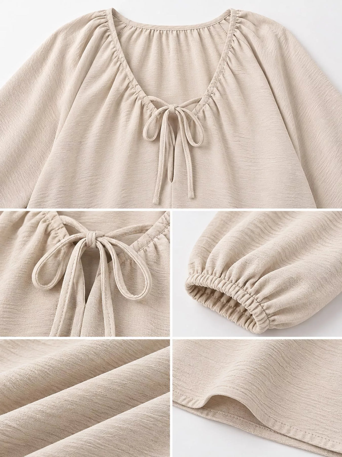 Apricot blouse close-up: v-neck tie and gathered yoke with elastic cuffs