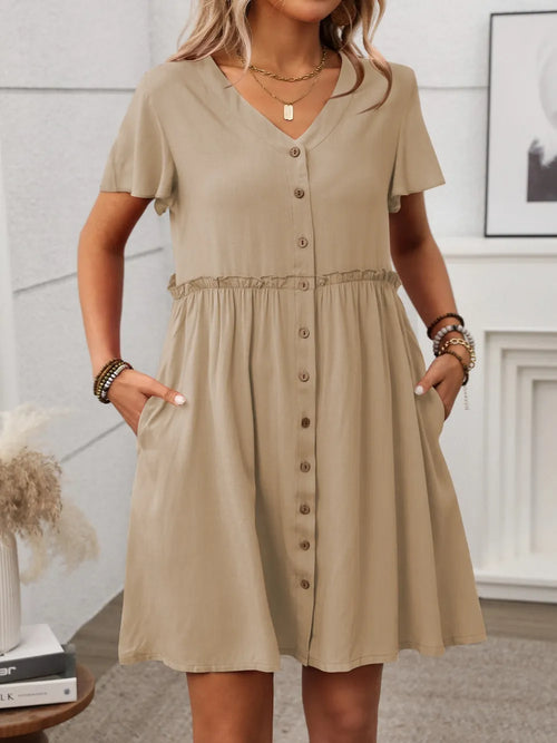 Tan flutter sleeve button-front dress with V-neck, gathered waist, and button placket