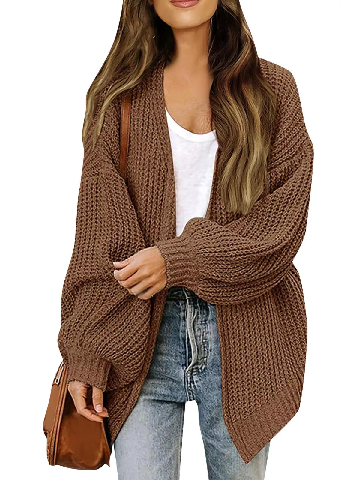 Brown waffle-knit open-front chunky cardigan with long sleeves and draped collar