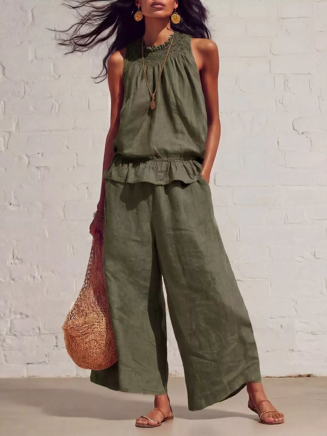 Smocked ruffled top and wide-leg pants set, army green sleeveless with ruffle trim