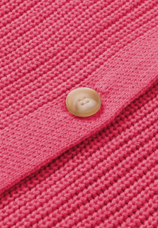 Openwork V-neck cardigan button placket in hot pink textured knit