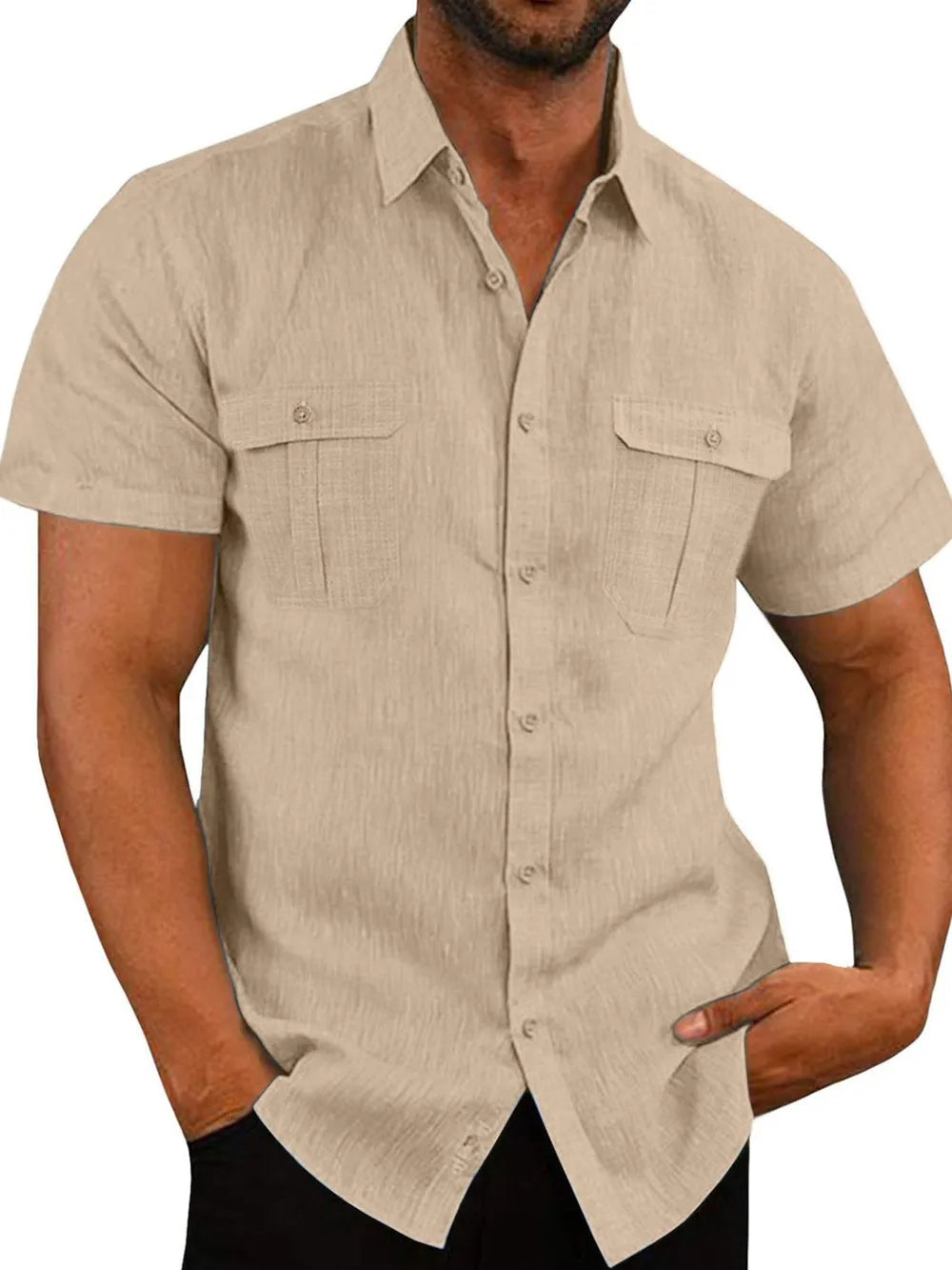 Beige men's short-sleeve collared button-up shirt with chest pockets