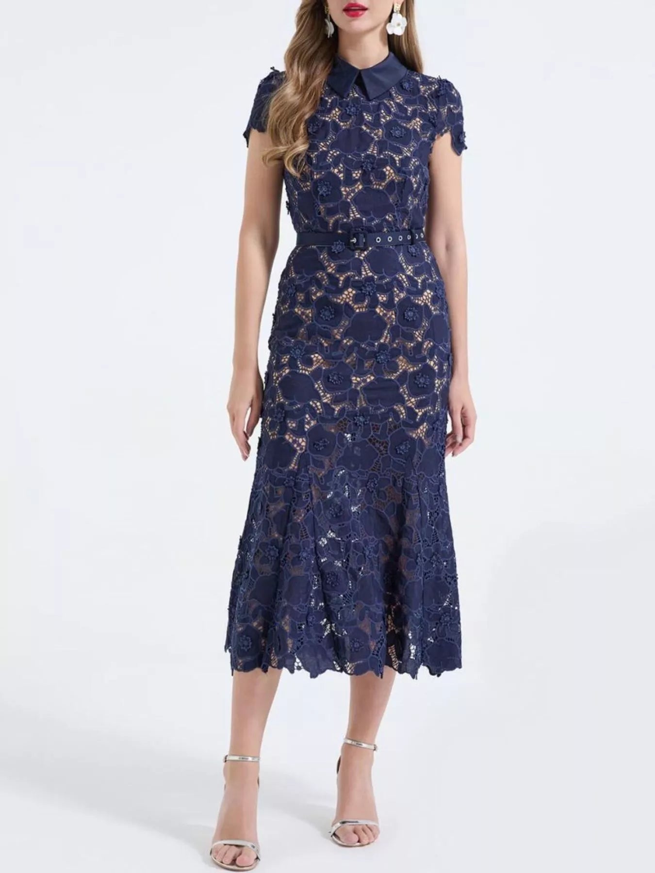 Cedar & Moore Floral Lace Short Sleeve Navy Midi Dress with belt