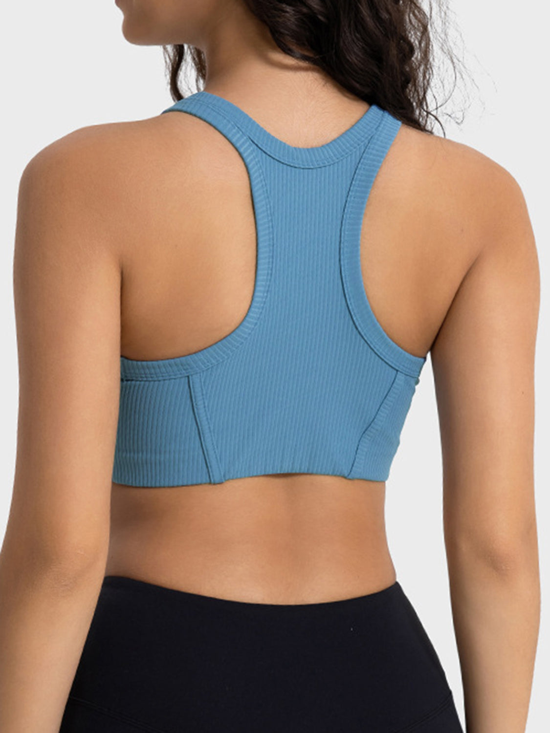 Blue ribbed cropped sport tank, back view, wide straps and racerback yoke