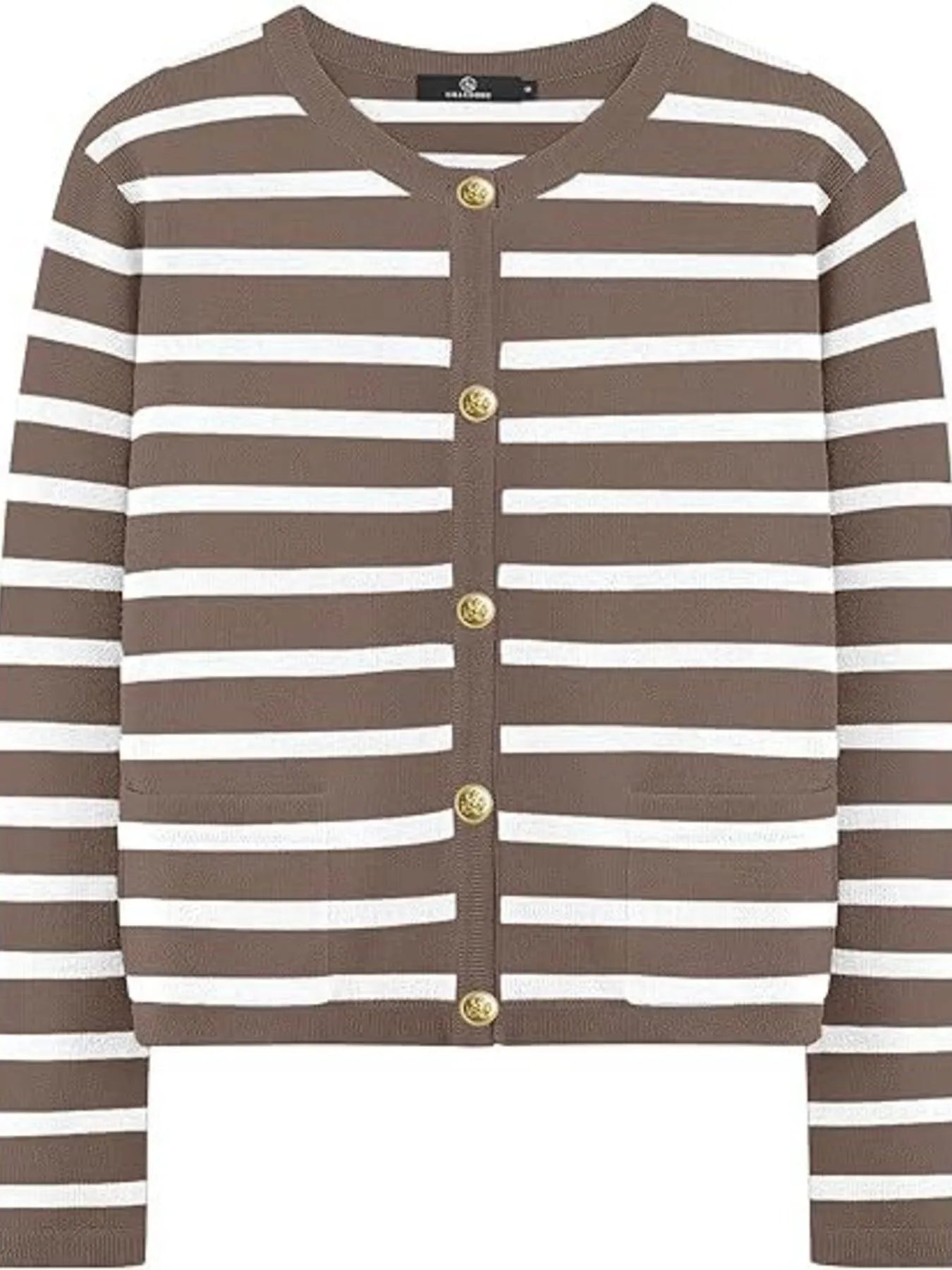 Mocha and white striped button-up cardigan close-up with gold button placket