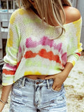 Light yellow openwork V-neck long-sleeve sweater with pink/orange tie-dye stripe print