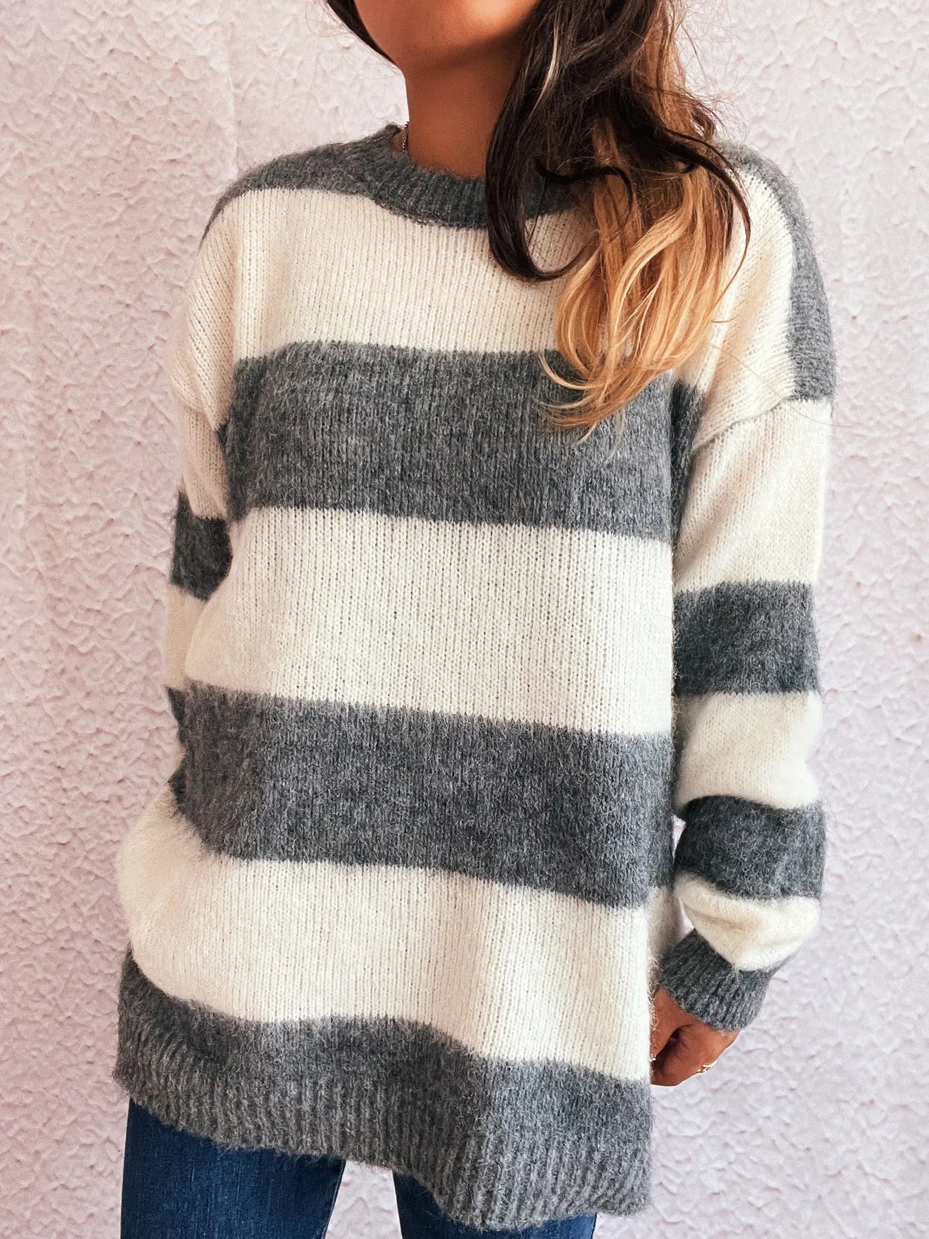 Striped long sleeve sweater, white and dark gray horizontal stripe knit