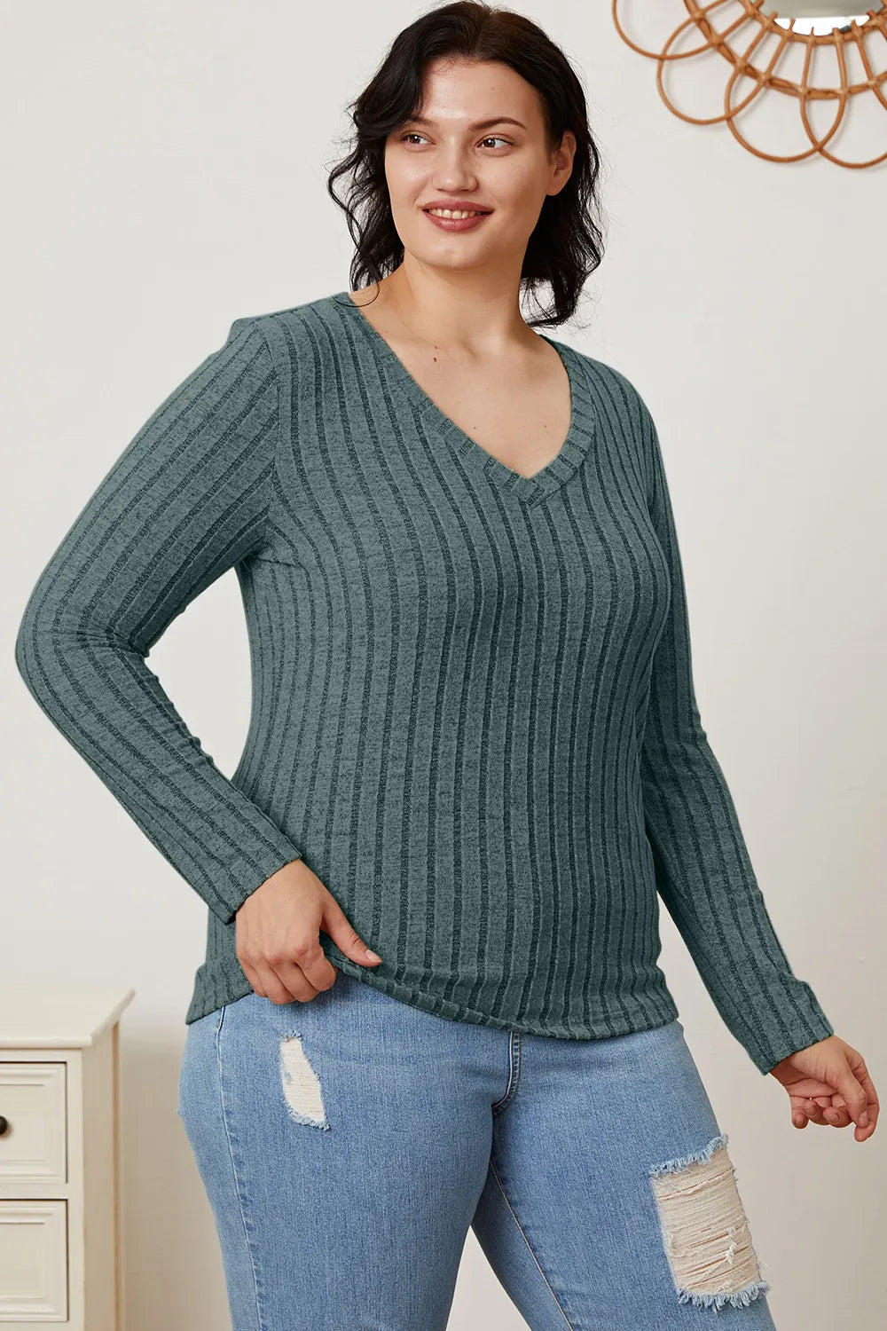 Cedar & Moore Basic Bae full-size ribbed V-neck long sleeve tee in teal by Trendsi