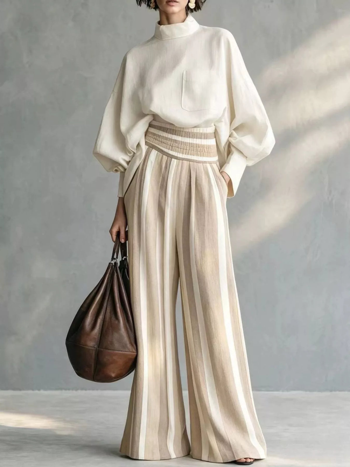 Two-piece striped set with white mock neck blouse and cream-beige wide-leg striped pants