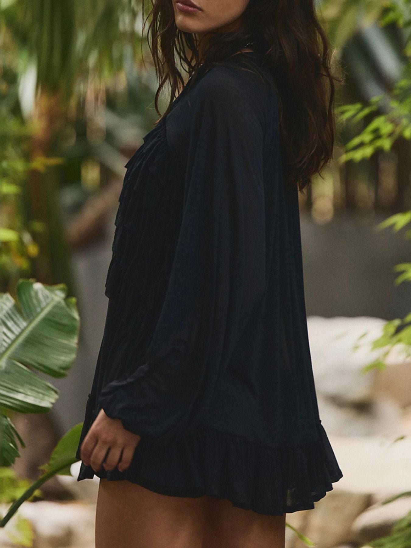 Cedar & Moore Sheer Ruffle Trim Beach Cover-Up in Navy by Trendsi