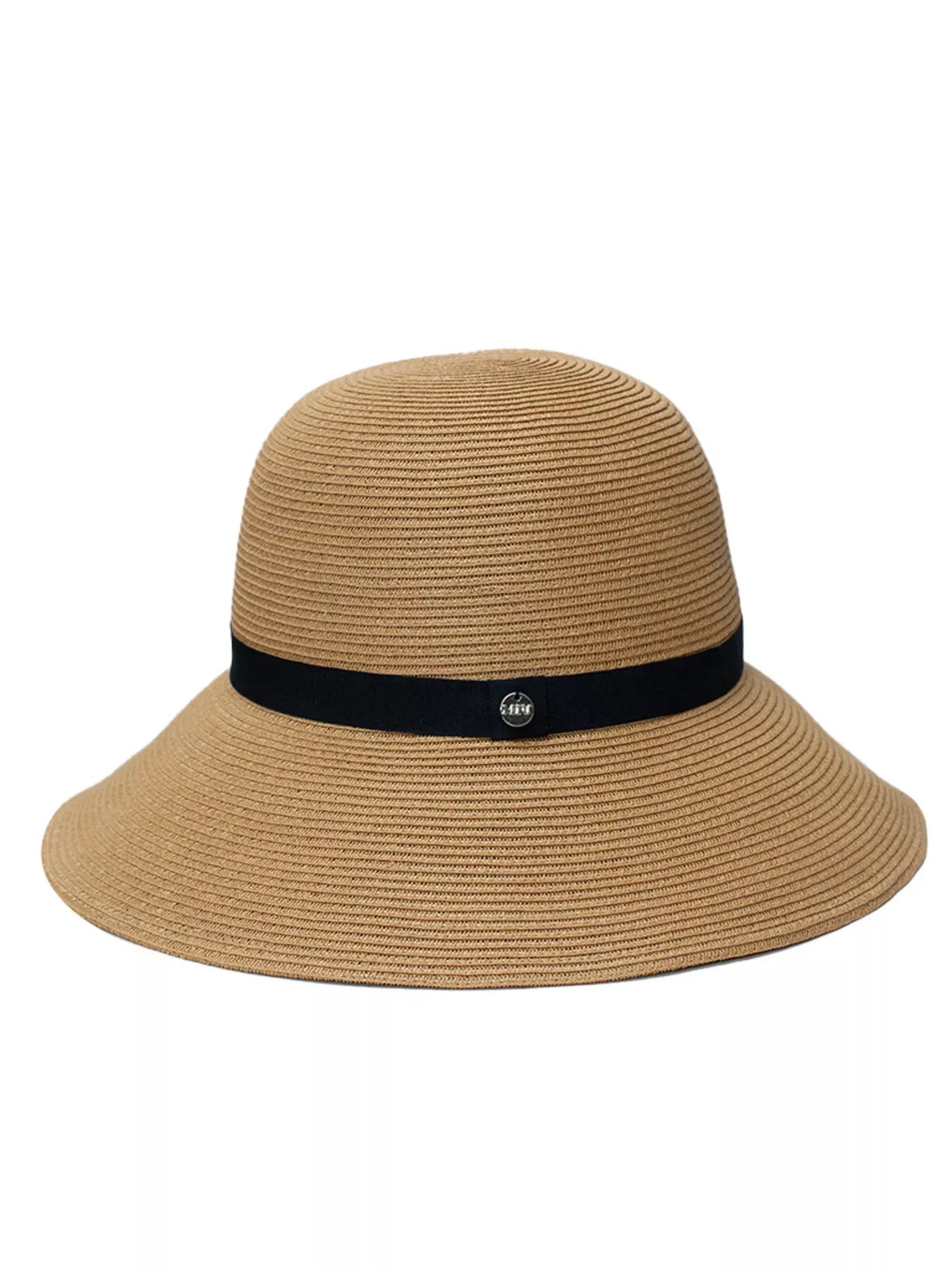 Cedar & Moore Straw sun hat with black ribbon band, tan woven straw, Trendsi.