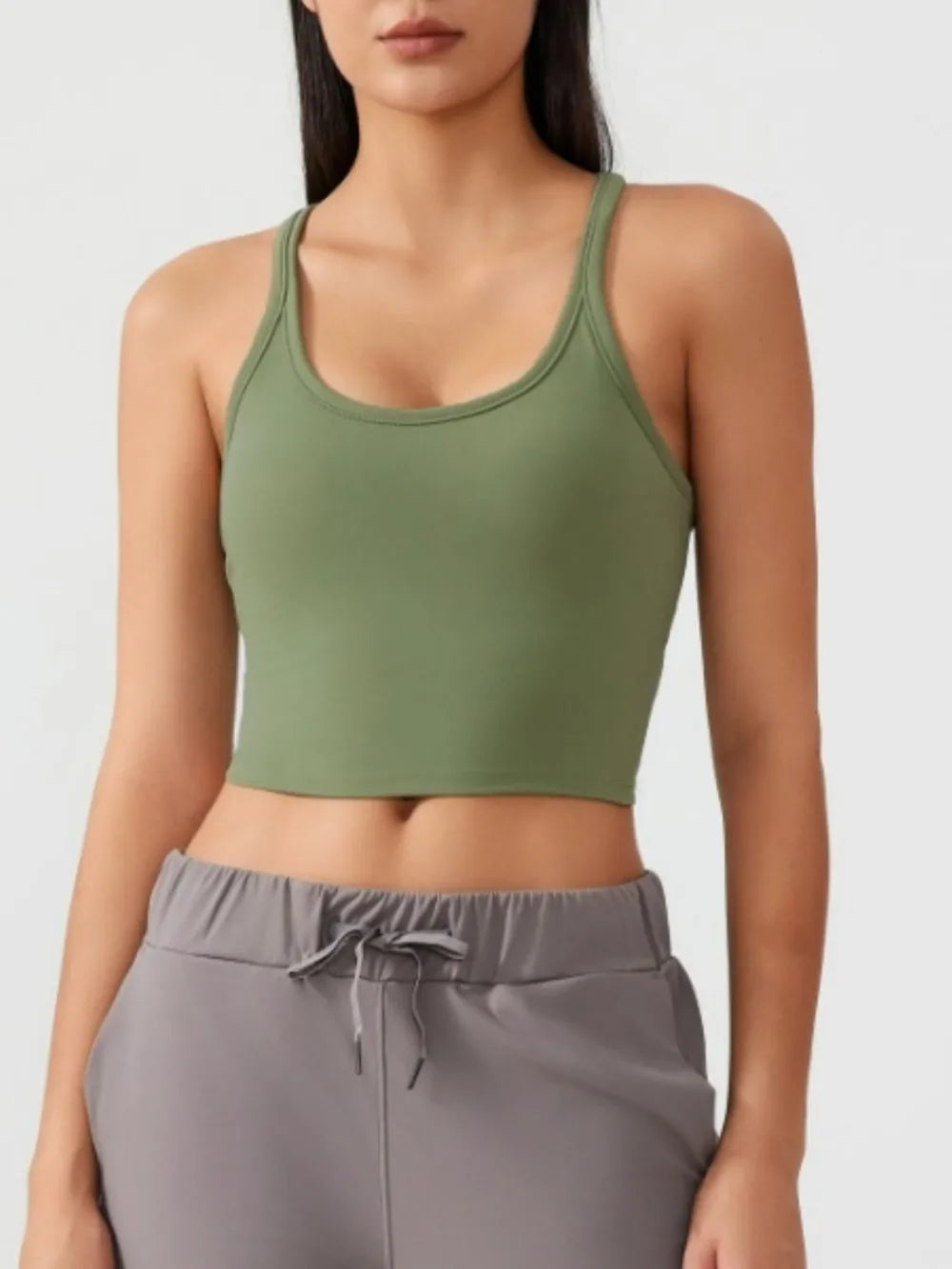 Olive green scoop-neck active tank with racerback, front