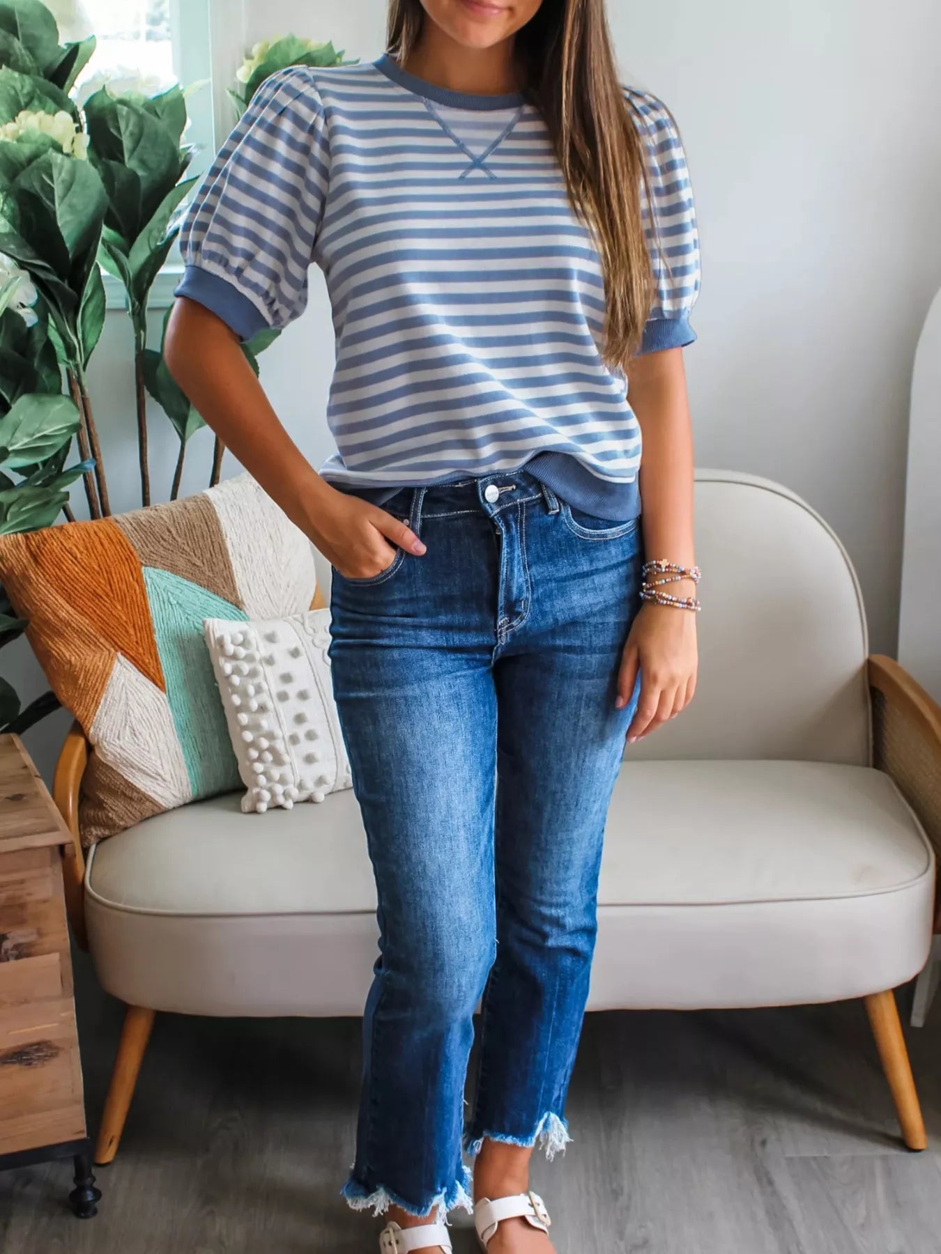 Cedar & Moore Stripe Short Bubble Sleeve T Shirt blue and white stripes with blue cuffs by Trendsi
