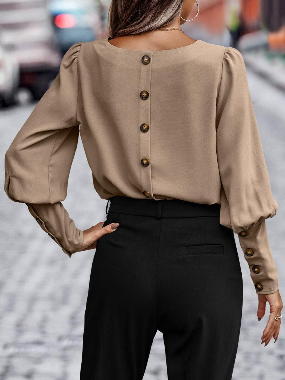 Taupe blouse back with button-front placket and gathered lantern sleeves
