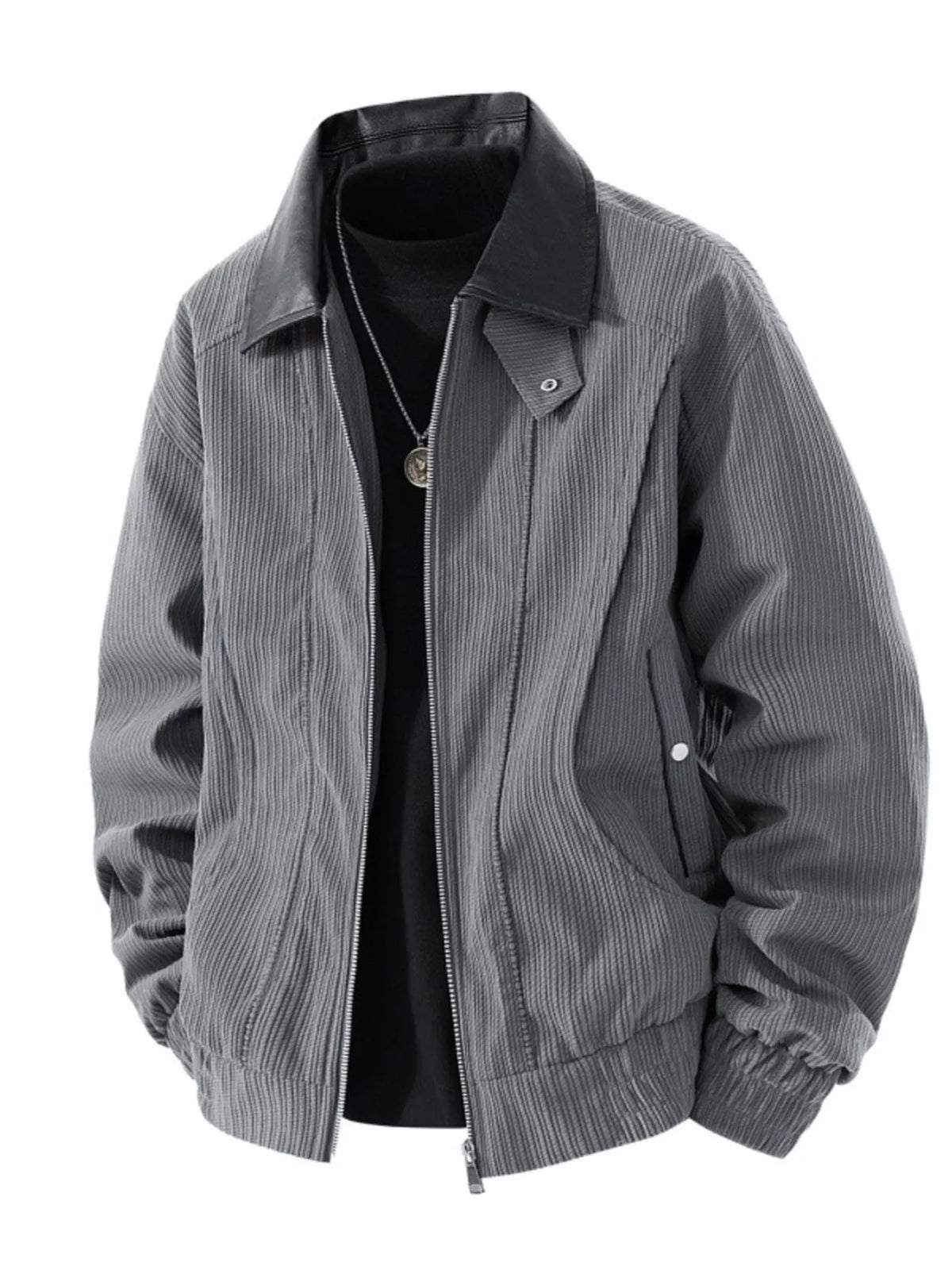 Men's corduroy zip-up jacket with faux leather collar, front pockets, grey